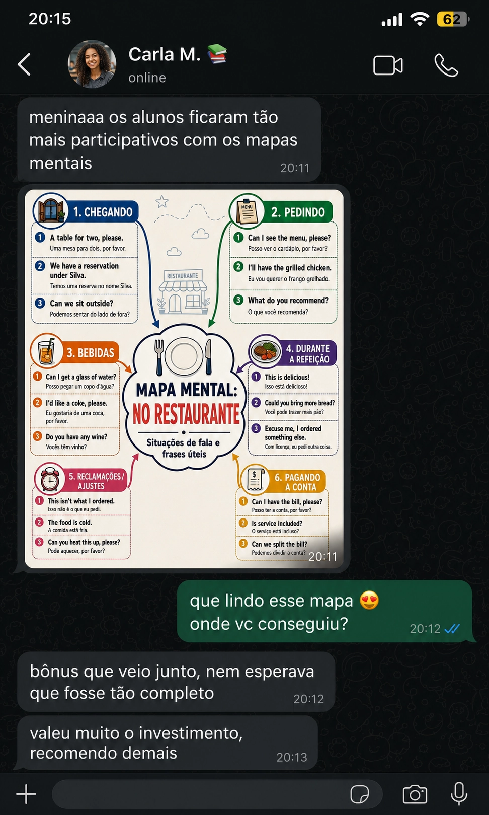Print de conversa no WhatsApp: Carla elogiando o bônus 100 Mapas Mentais